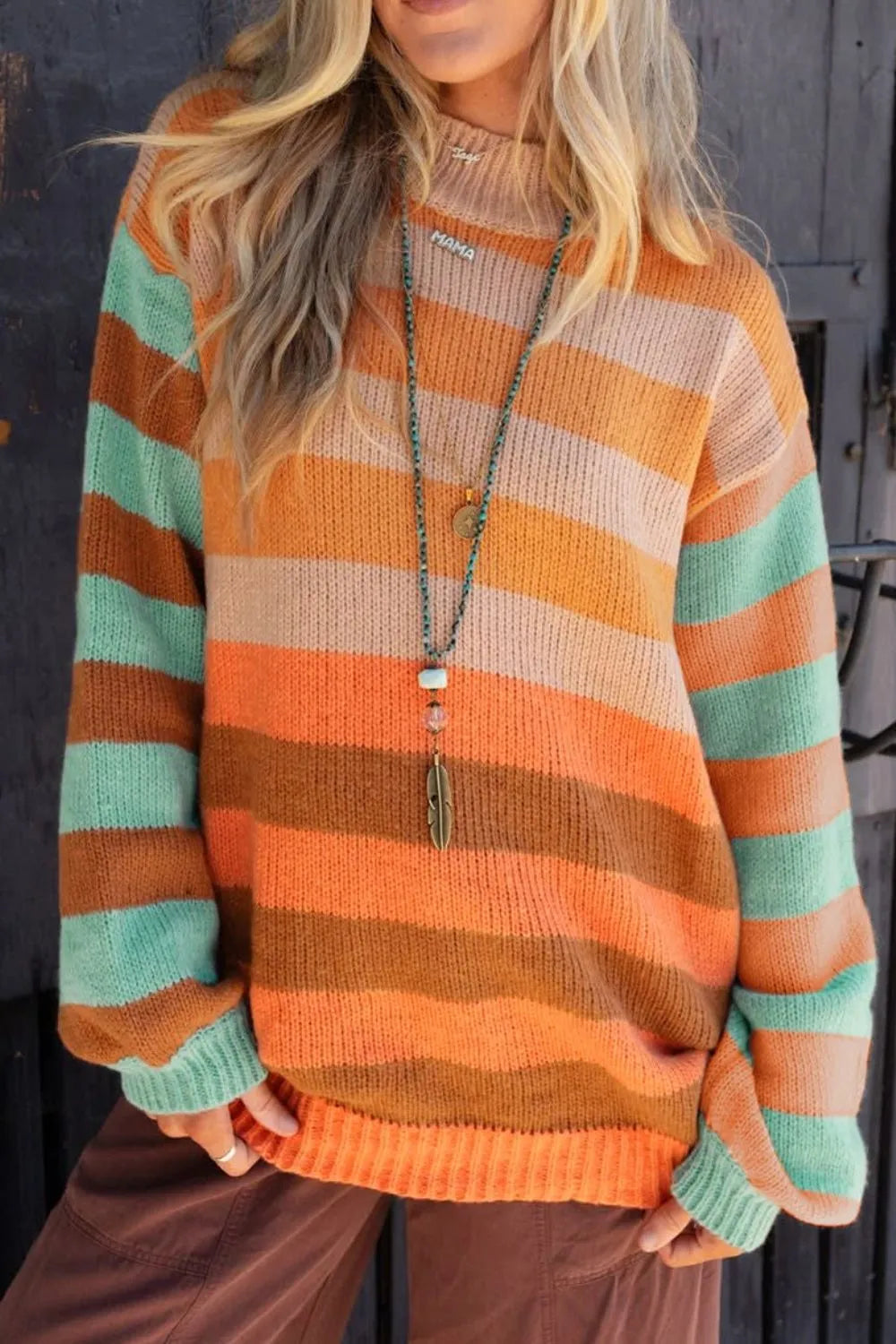 Striped Rainbow Long Sleeve Sweater - -