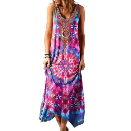 Vintage Mandala Printed Tie-Dye Floral Long Maxi Dress