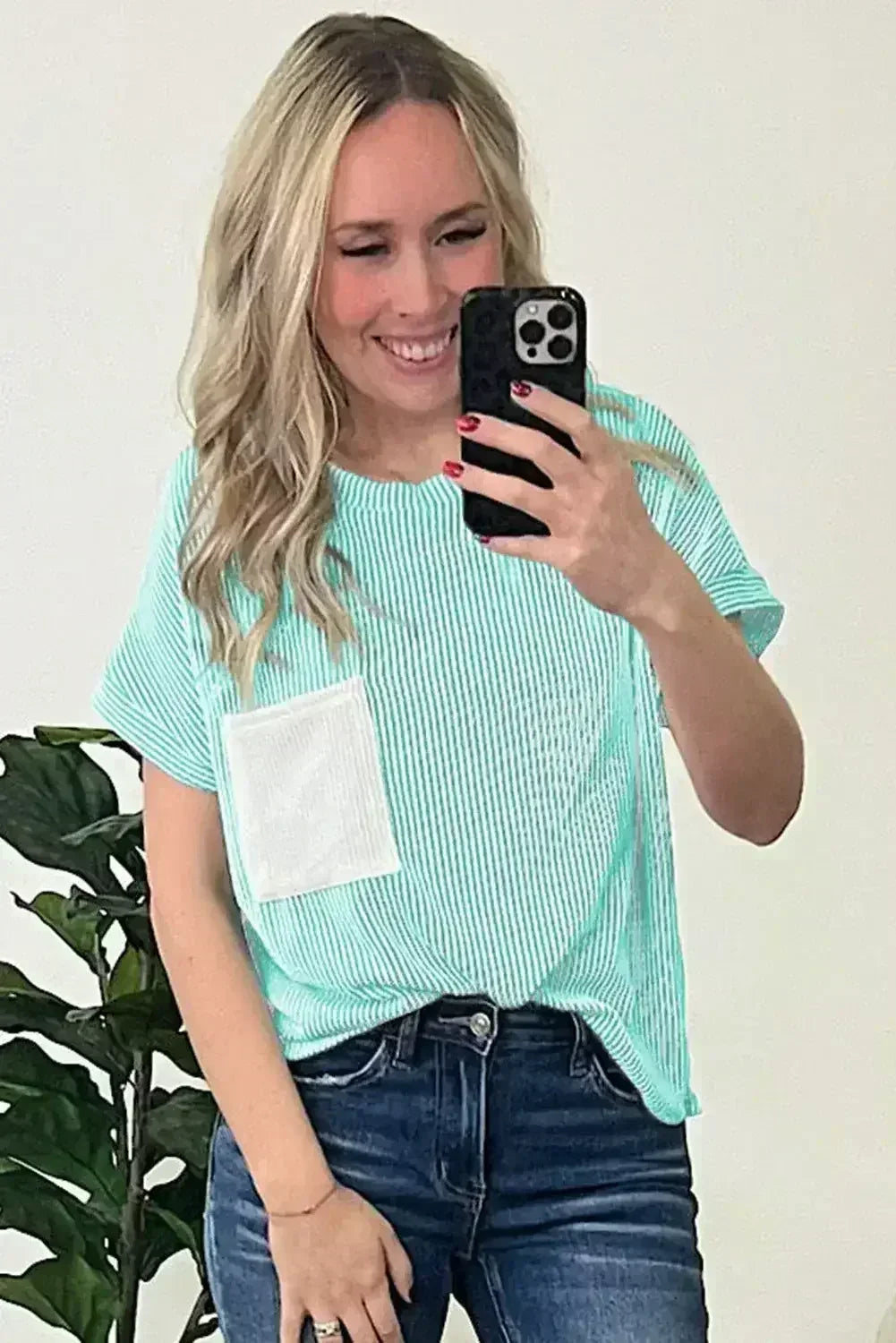 Pink Corded Colorblock Pocket Crew Neck T Shirt - - T Shirts