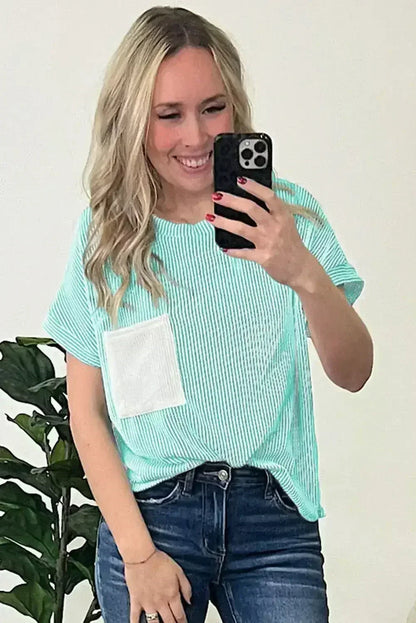 Pink Corded Colorblock Pocket Crew Neck T Shirt - - T Shirts