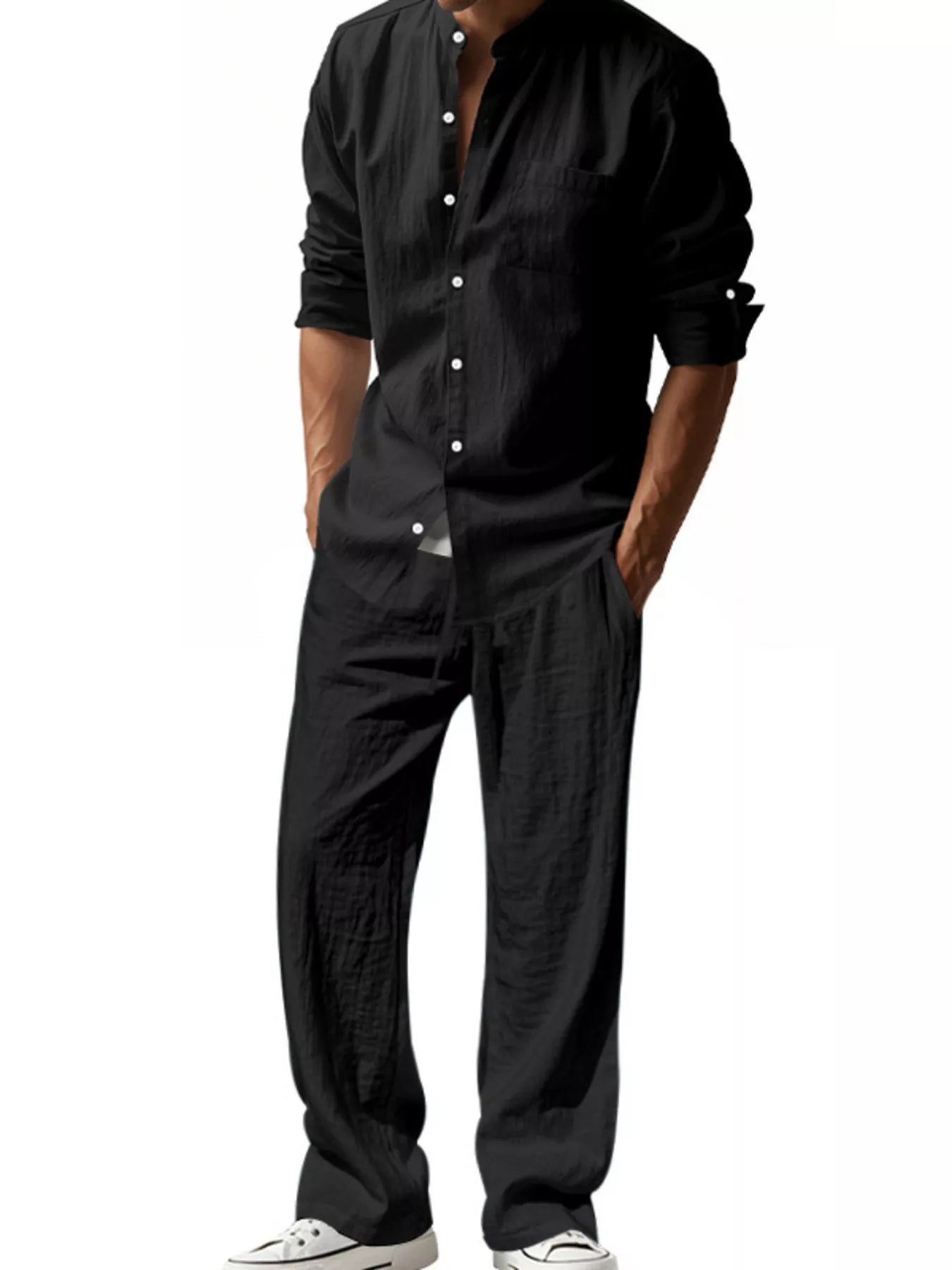 Men's Full Size Button Up Long Sleeve Shirt and Pants Plus Size - Black -