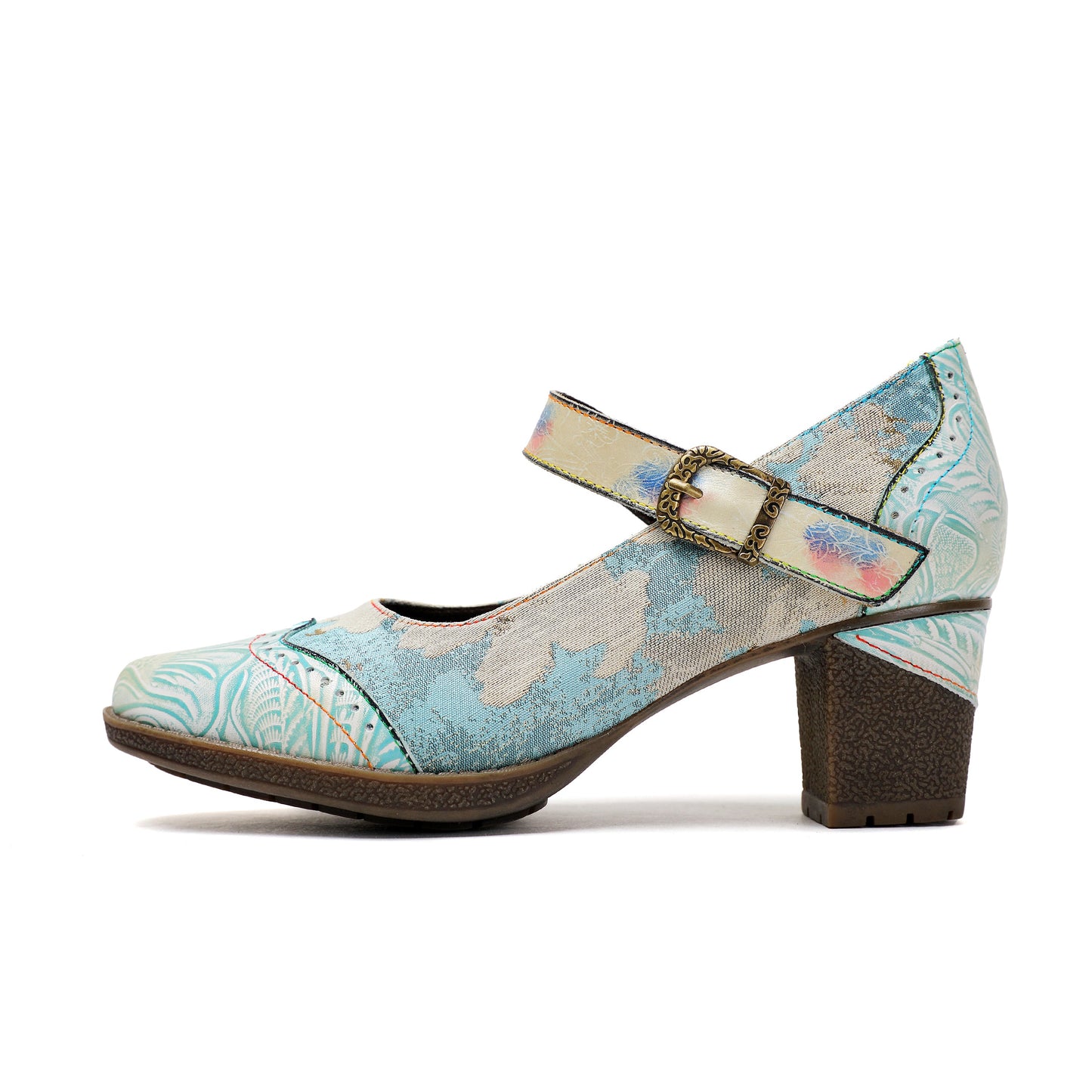 Lady's Heels Handmade Shoes Wedding Party Elegant Vintage Leather Buckle Light Blue Pumps - - Pumps