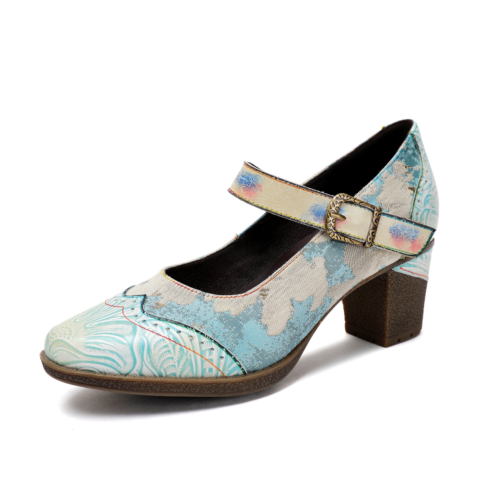 Lady's Heels Handmade Shoes Wedding Party Elegant Vintage Leather Buckle Light Blue Pumps - - Pumps