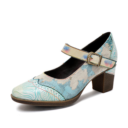 Lady's Heels Handmade Shoes Wedding Party Elegant Vintage Leather Buckle Light Blue Pumps - - Pumps