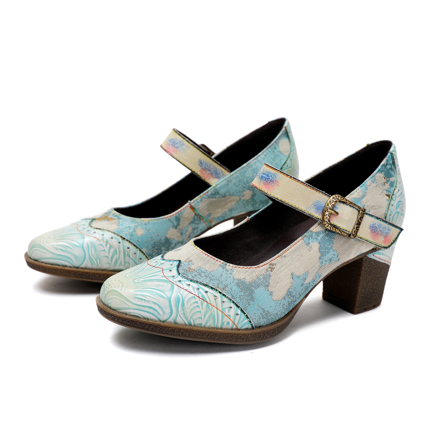 Lady's Heels Handmade Shoes Wedding Party Elegant Vintage Leather Buckle Light Blue Pumps - - Pumps