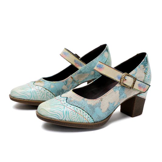 Lady's Heels Handmade Shoes Wedding Party Elegant Vintage Leather Buckle Light Blue Pumps - - Pumps