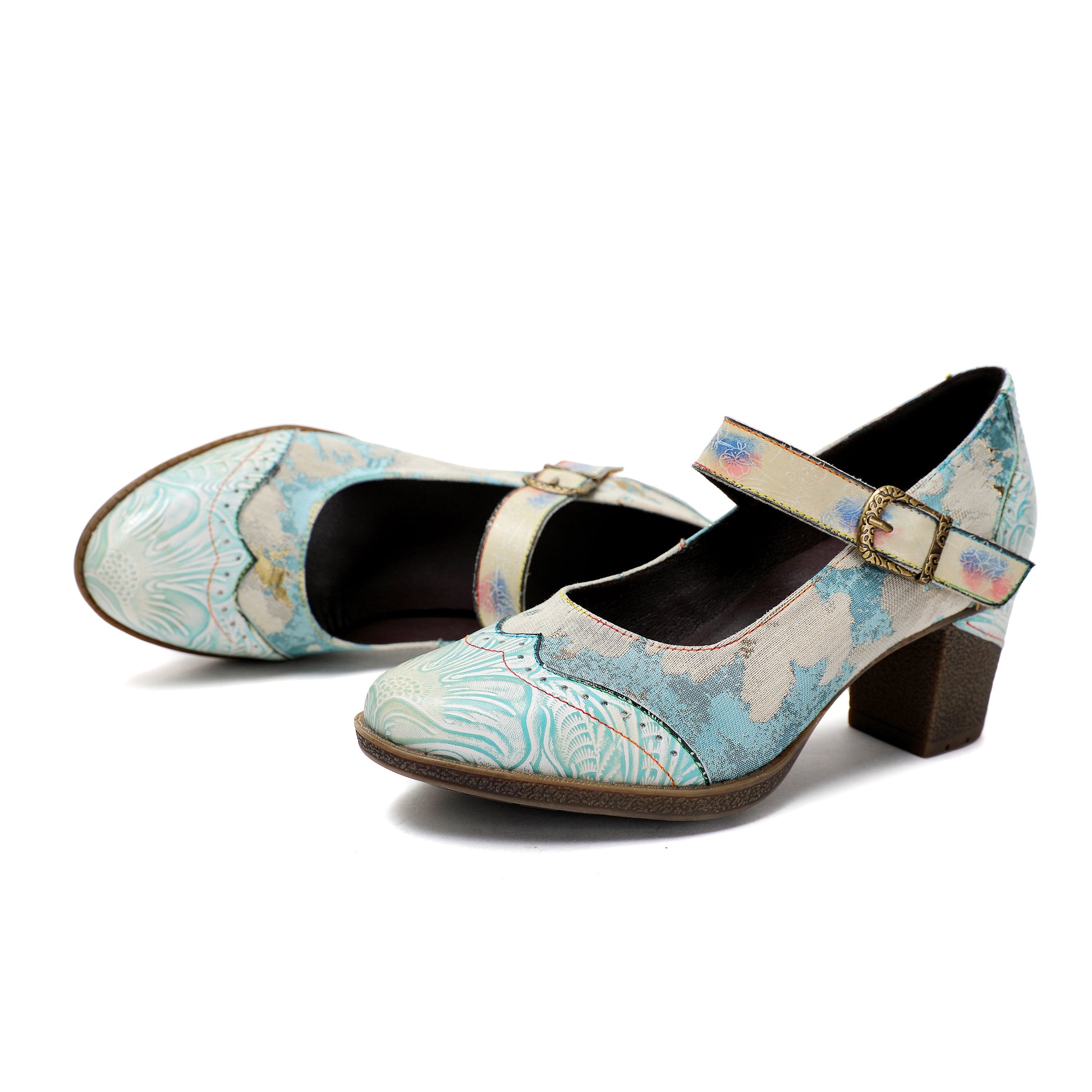 Lady's Heels Handmade Shoes Wedding Party Elegant Vintage Leather Buckle Light Blue Pumps - - Pumps