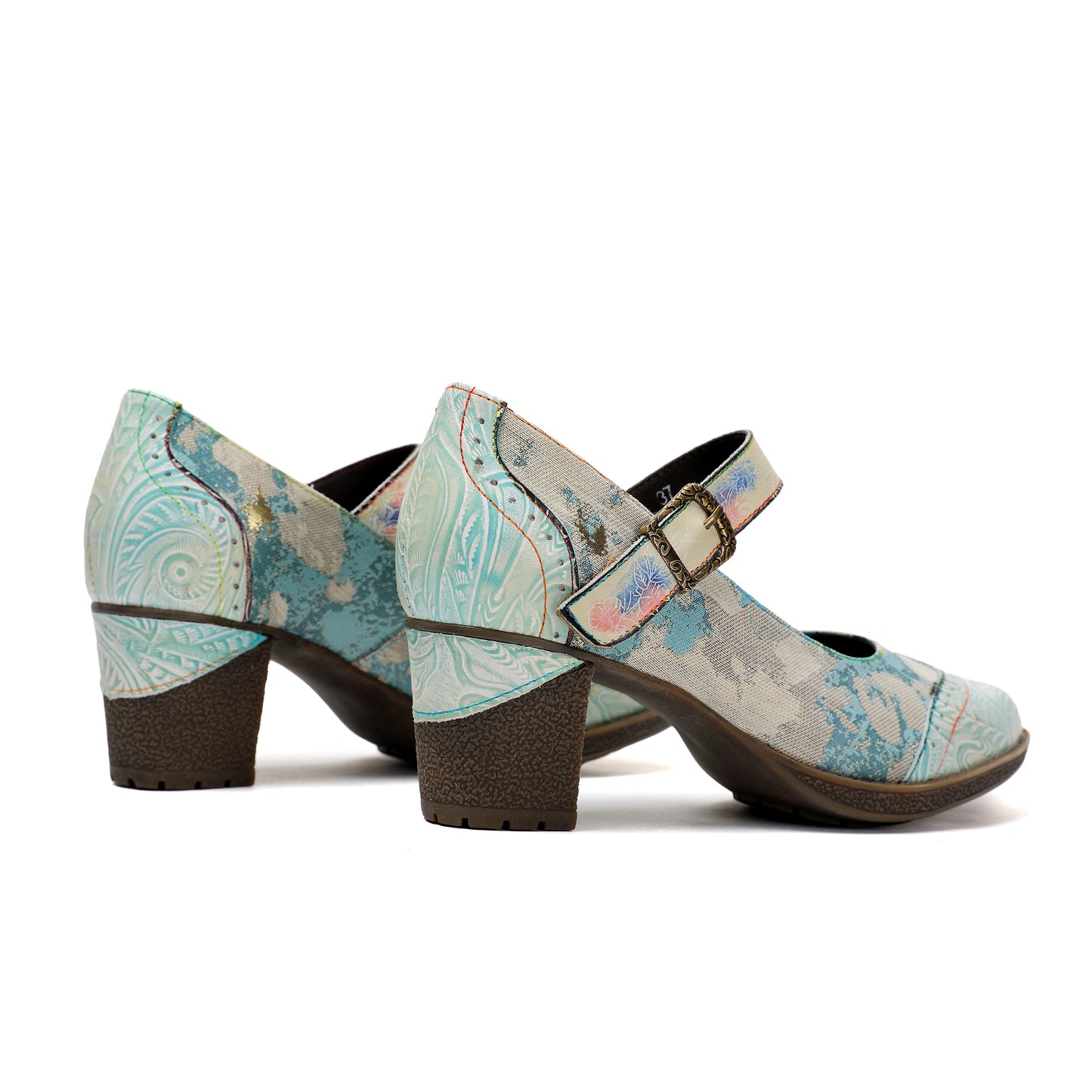 Lady's Heels Handmade Shoes Wedding Party Elegant Vintage Leather Buckle Light Blue Pumps - - Pumps