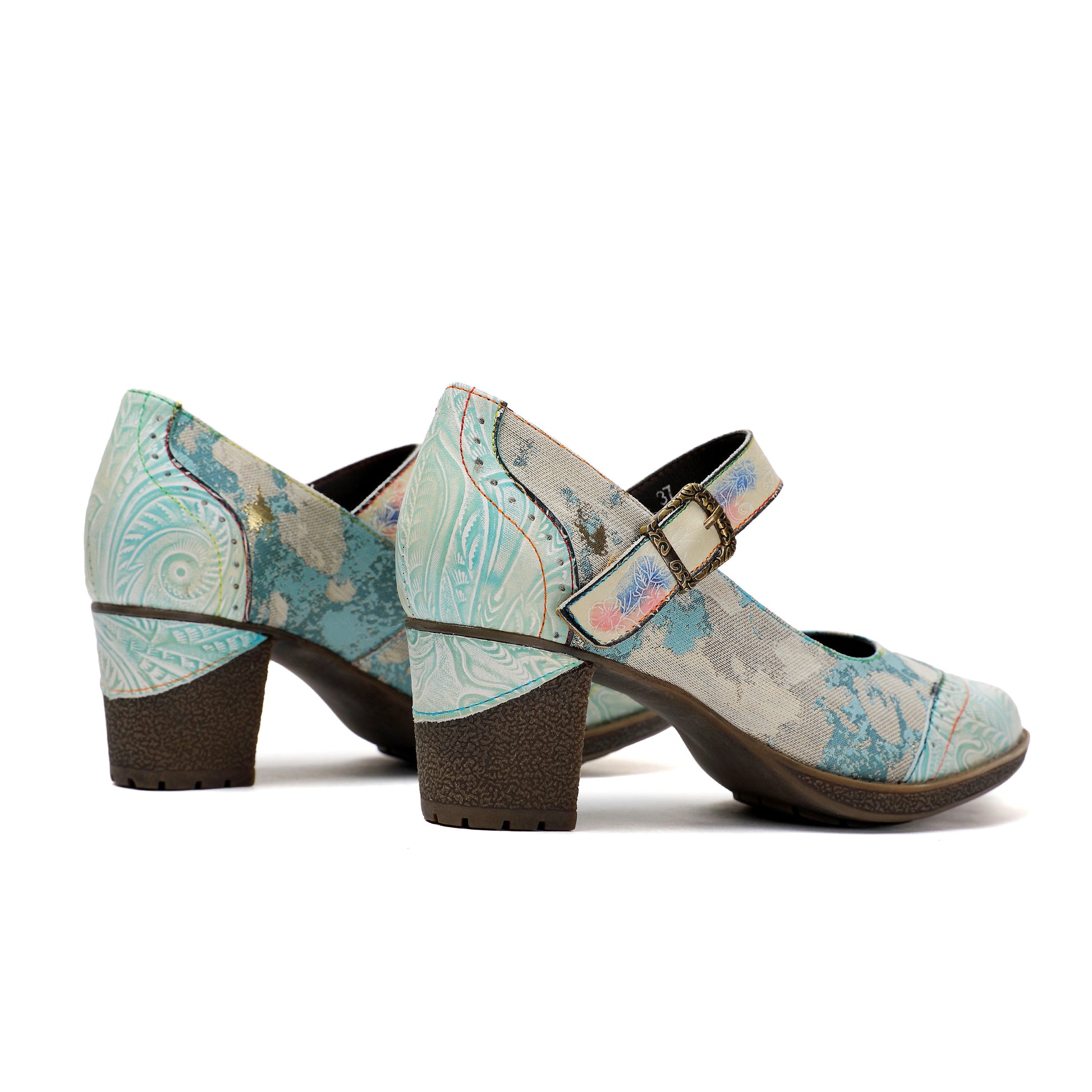 Lady's Heels Handmade Shoes Wedding Party Elegant Vintage Leather Buckle Light Blue Pumps - - Pumps