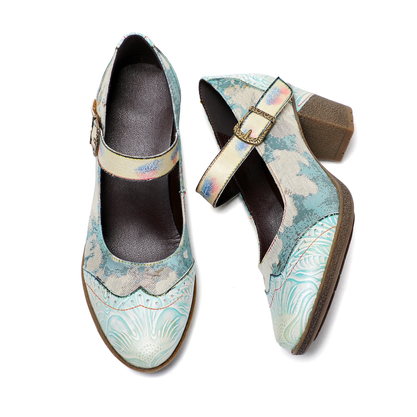 Lady's Heels Handmade Shoes Wedding Party Elegant Vintage Leather Buckle Light Blue Pumps - - Pumps