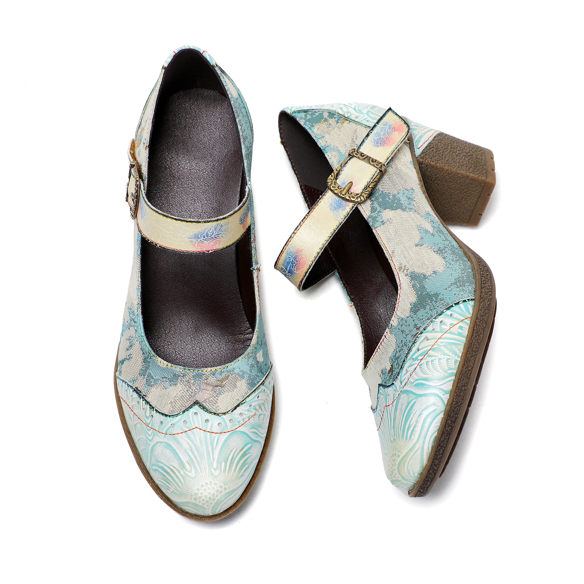 Lady's Heels Handmade Shoes Wedding Party Elegant Vintage Leather Buckle Light Blue Pumps - - Pumps