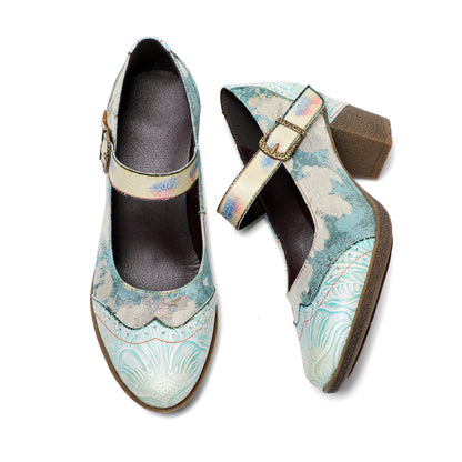 Lady's Heels Handmade Shoes Wedding Party Elegant Vintage Leather Buckle Light Blue Pumps - - Pumps