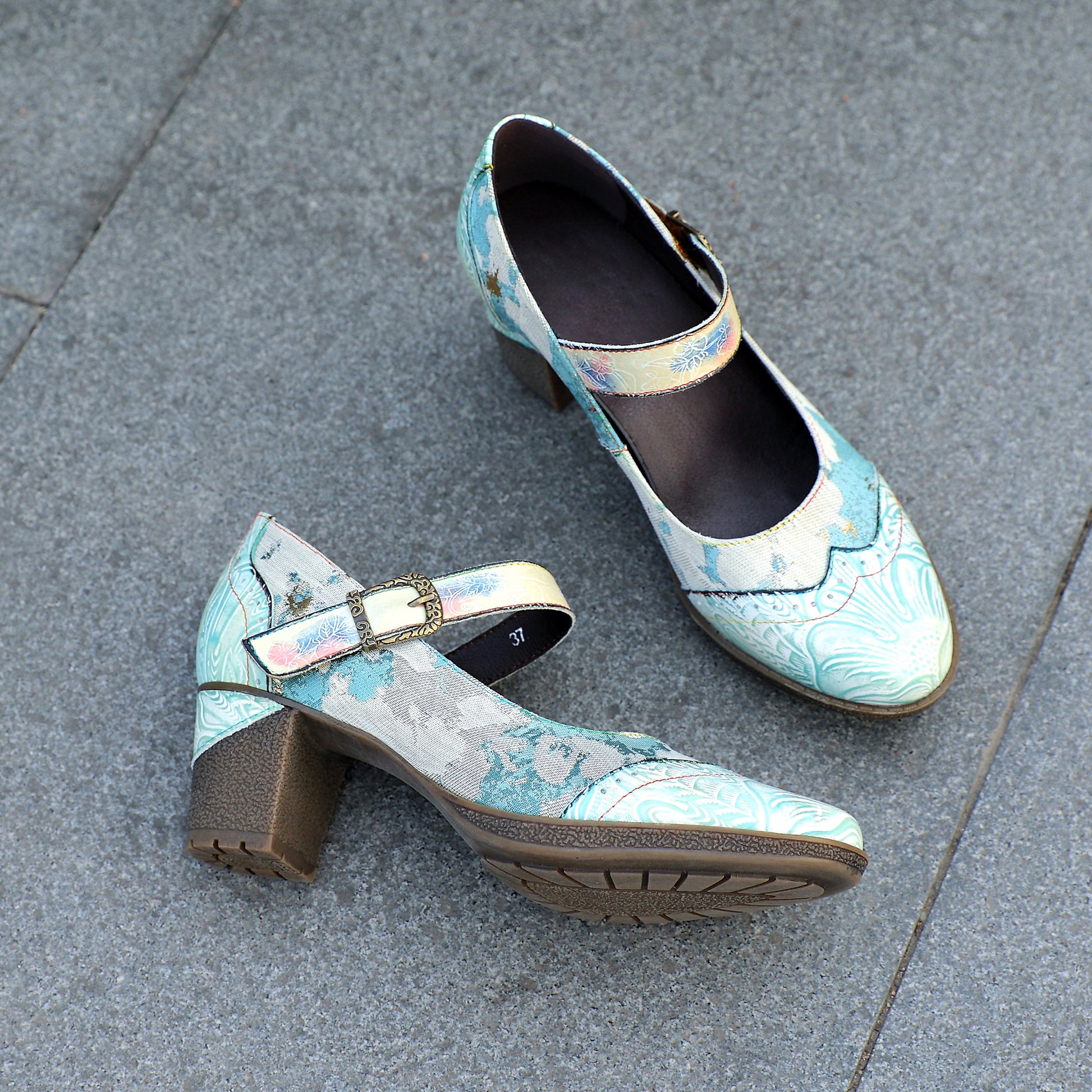 Lady's Heels Handmade Shoes Wedding Party Elegant Vintage Leather Buckle Light Blue Pumps - - Pumps
