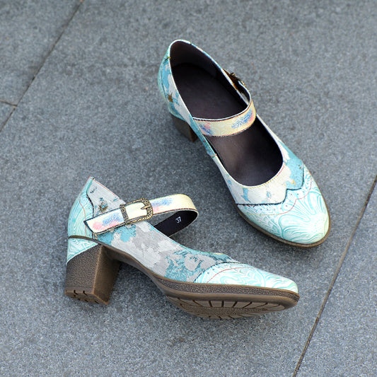 Lady's Heels Handmade Shoes Wedding Party Elegant Vintage Leather Buckle Light Blue Pumps - - Pumps