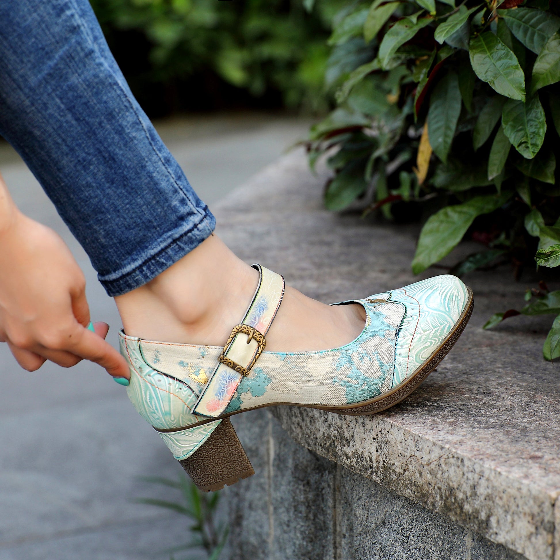 Lady's Heels Handmade Shoes Wedding Party Elegant Vintage Leather Buckle Light Blue Pumps - - Pumps