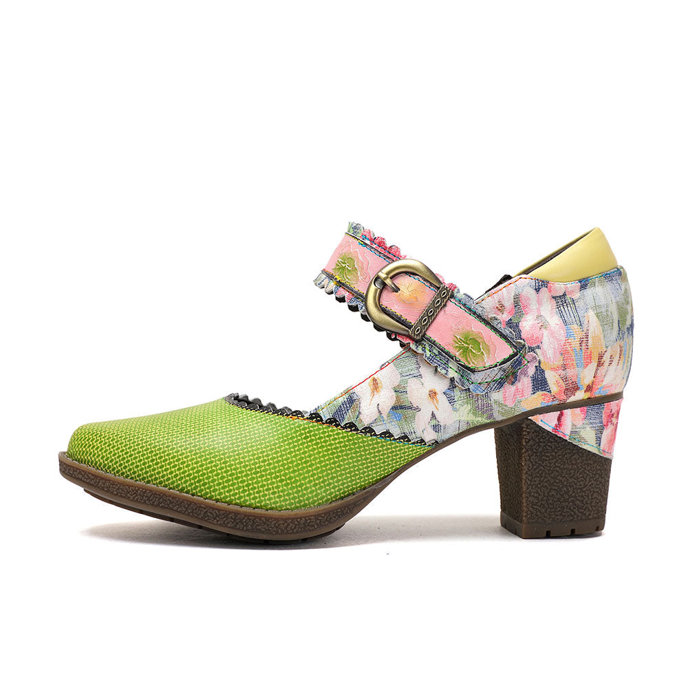 Women's Spring Heels Dress Shoes Party Round Toe Elegant Cowhide Loafer Green Pumps- Colorstepshoes- {{Product type}}