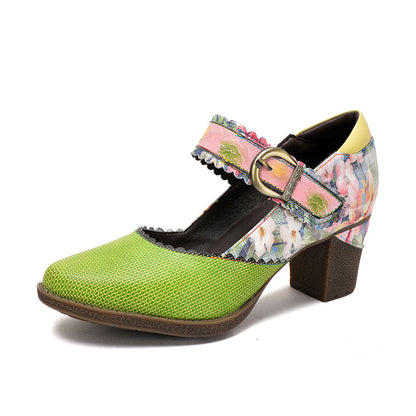 Women's Spring Heels Dress Shoes Party Round Toe Elegant Cowhide Loafer Green Pumps- Colorstepshoes- {{Product type}}