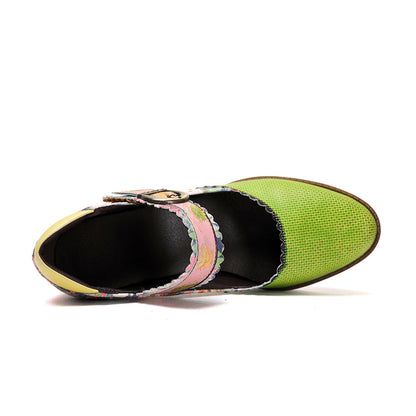 Women's Spring Heels Dress Shoes Party Round Toe Elegant Cowhide Loafer Green Pumps- Colorstepshoes- {{Product type}}