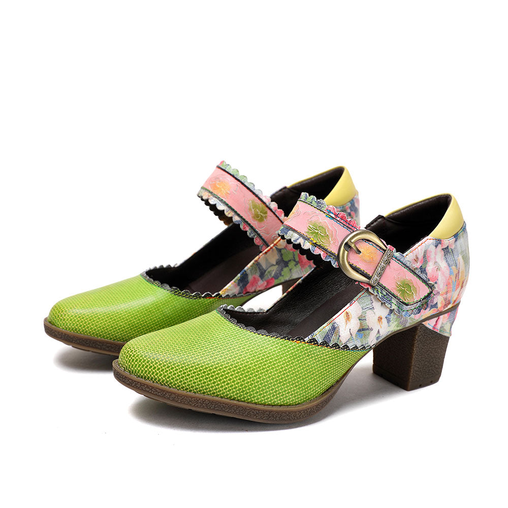Women's Spring Heels Dress Shoes Party Round Toe Elegant Cowhide Loafer Green Pumps- Colorstepshoes- {{Product type}}