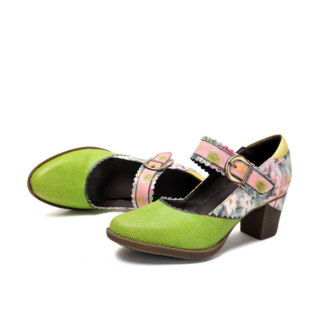 Women's Spring Heels Dress Shoes Party Round Toe Elegant Cowhide Loafer Green Pumps- Colorstepshoes- {{Product type}}