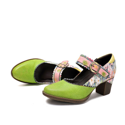 Women's Spring Heels Dress Shoes Party Round Toe Elegant Cowhide Loafer Green Pumps- Colorstepshoes- {{Product type}}