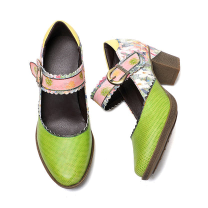 Women's Spring Heels Dress Shoes Party Round Toe Elegant Cowhide Loafer Green Pumps- Colorstepshoes- {{Product type}}