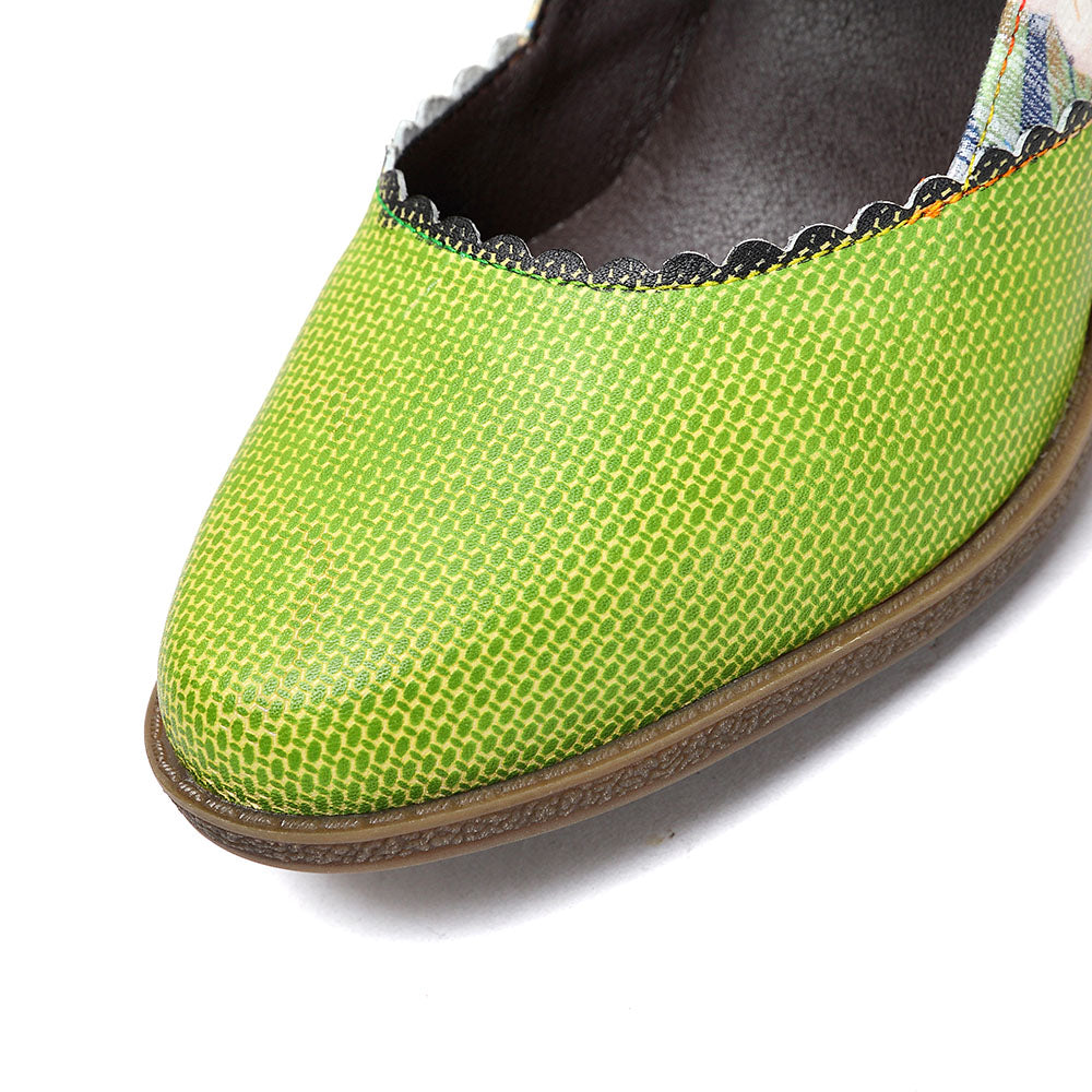 Women's Spring Heels Dress Shoes Party Round Toe Elegant Cowhide Loafer Green Pumps- Colorstepshoes- {{Product type}}