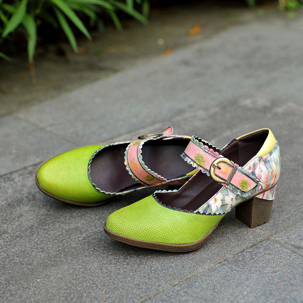 Women's Spring Heels Dress Shoes Party Round Toe Elegant Cowhide Loafer Green Pumps- Colorstepshoes- {{Product type}}