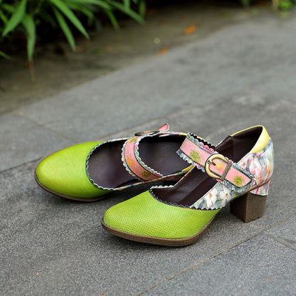 Women's Spring Heels Dress Shoes Party Round Toe Elegant Cowhide Loafer Green Pumps- Colorstepshoes- {{Product type}}