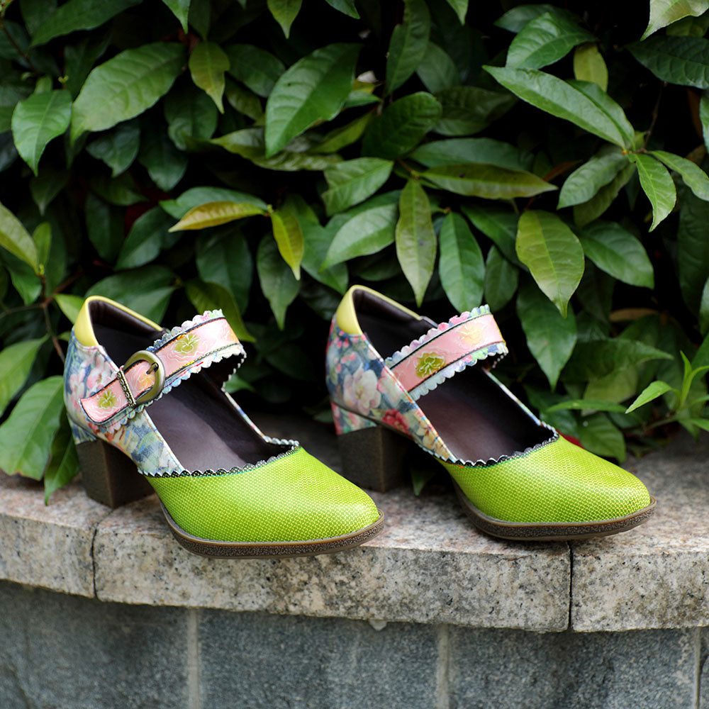 Women's Spring Heels Dress Shoes Party Round Toe Elegant Cowhide Loafer Green Pumps- Colorstepshoes- {{Product type}}