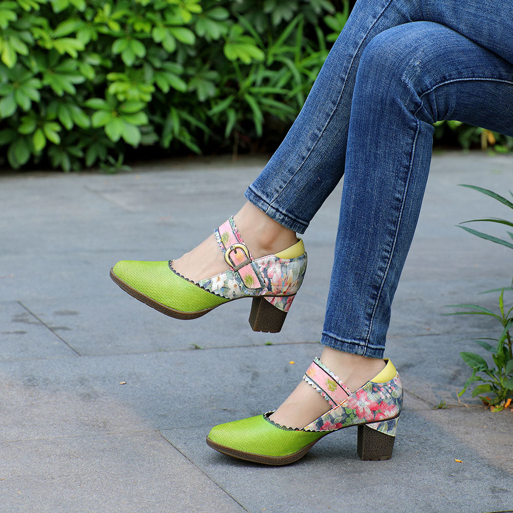 Women's Spring Heels Dress Shoes Party Round Toe Elegant Cowhide Loafer Green Pumps- Colorstepshoes- {{Product type}}