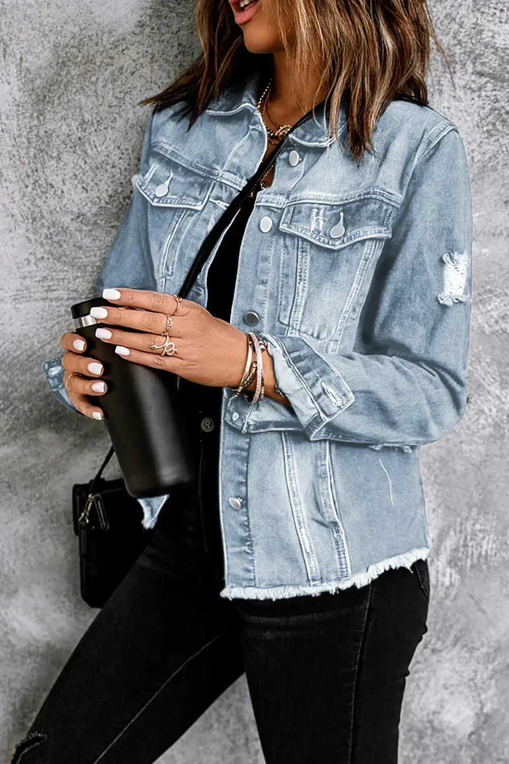 Light Blue Distressed Denim Jacket with Raw Hem – Femstylo- Femstylo- {{Product type}}