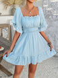 Square Neck Ruffle Trim Mini Dress - Light Blue -