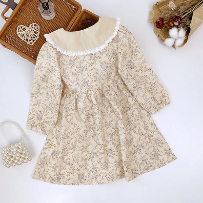 Girls Flower Lace Turn-Down Collar Princess Dress