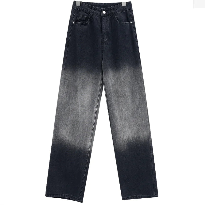 High Waist Black Washed Gradient Straight Leg Jeans - - jeans