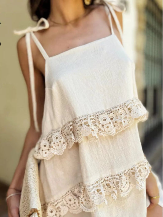 Lace Trim Spaghetti Strap Dress - -