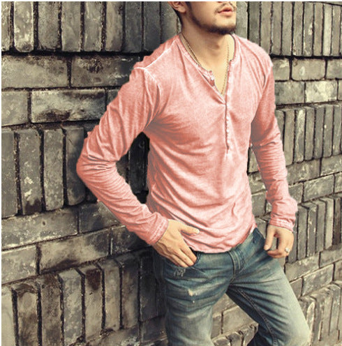 Vintage Style V-Neck Button-Up Mens Long Sleeve Shirt - Pink 4XL - shirt