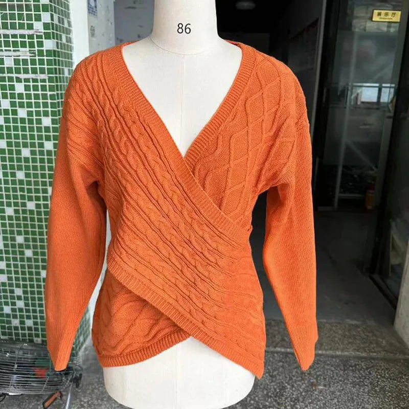 Women's V-Neck Long Sleeve Overlap Braided Sweater Solid Color Knitted Sweater