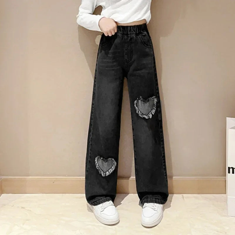 Girls Blue Heart Wide Leg Jeans black