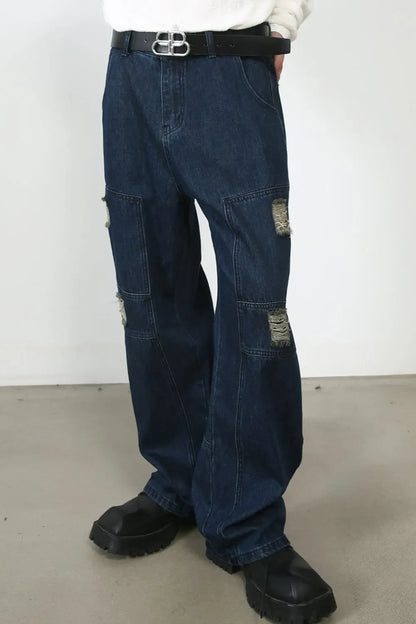 Men's Distressed Jeans with Pockets - -
