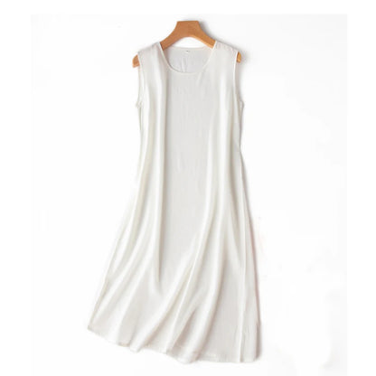 Silk Dress Crepe Dechine Solid a Line Sleeveless O Neck Tank Dresses