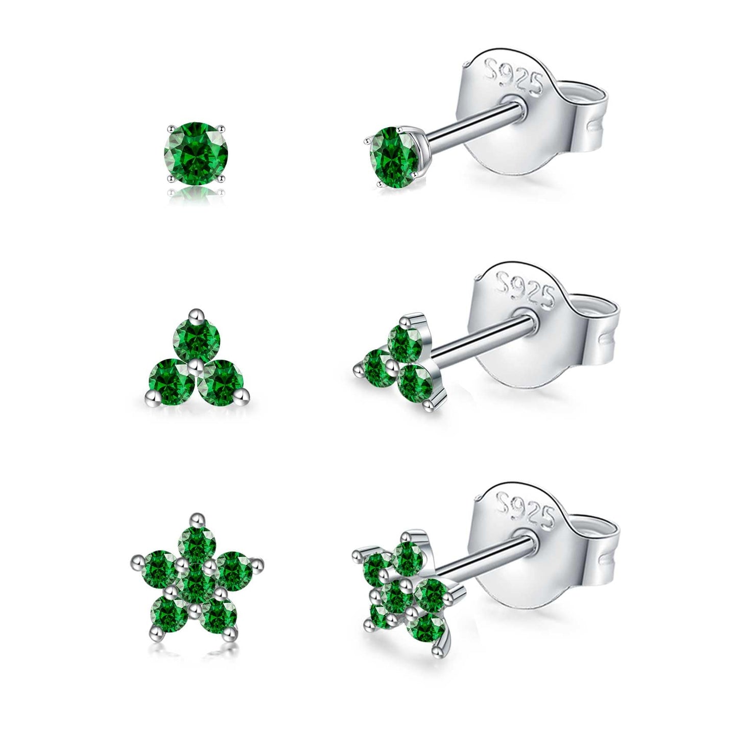 Sterling Silver Floral Stud Earrings Set - A. 3 Pairs(2 3 4mm)-Silver-Green - earrings