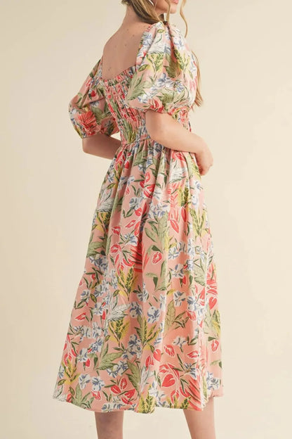 Floral Smocked Square Neck Puff Short Sleeve Midi Dress - -