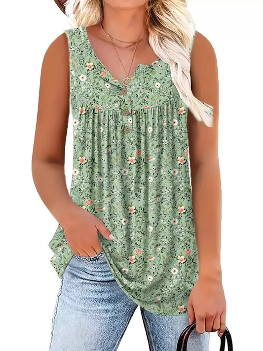 Full Size Floral Print Button Detail Tank Plus Size - Light Green - Women's Fashion - Women's Clothing - Tops & Tees - Tank Tops