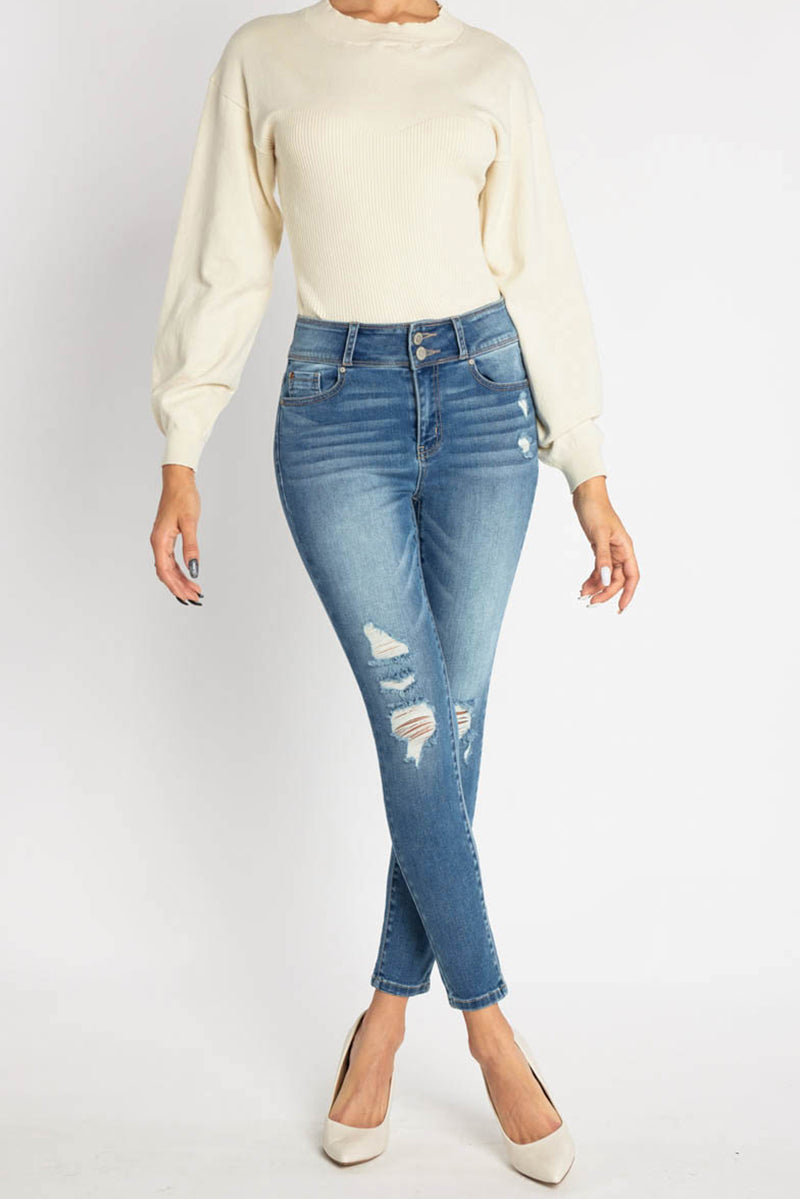 High Rise Destructed Skinny Jeans - - Skinny Jeans