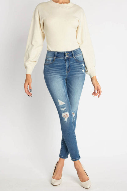 High Rise Destructed Skinny Jeans - - Skinny Jeans