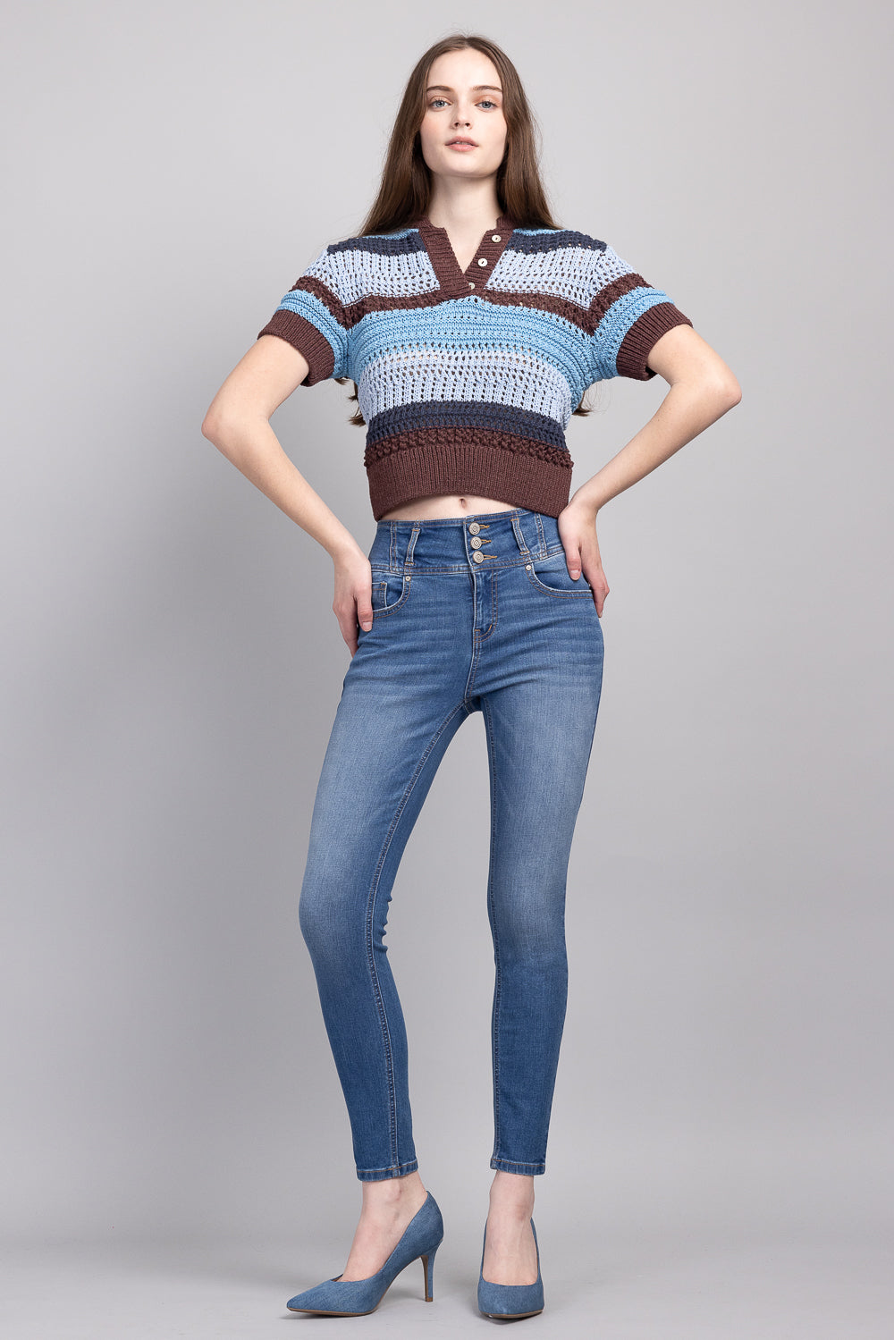 High Rise 3 Button Ankle Skinny Jeans - - Pants