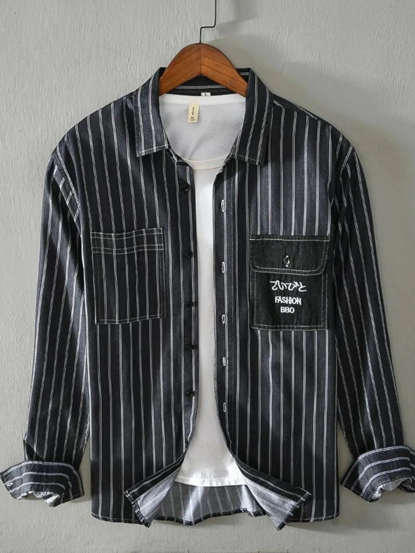 Men's Plus Size Striped Button Up Long Sleeve Shirt - Black -