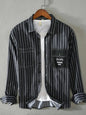 Men's Plus Size Striped Button Up Long Sleeve Shirt - Black -