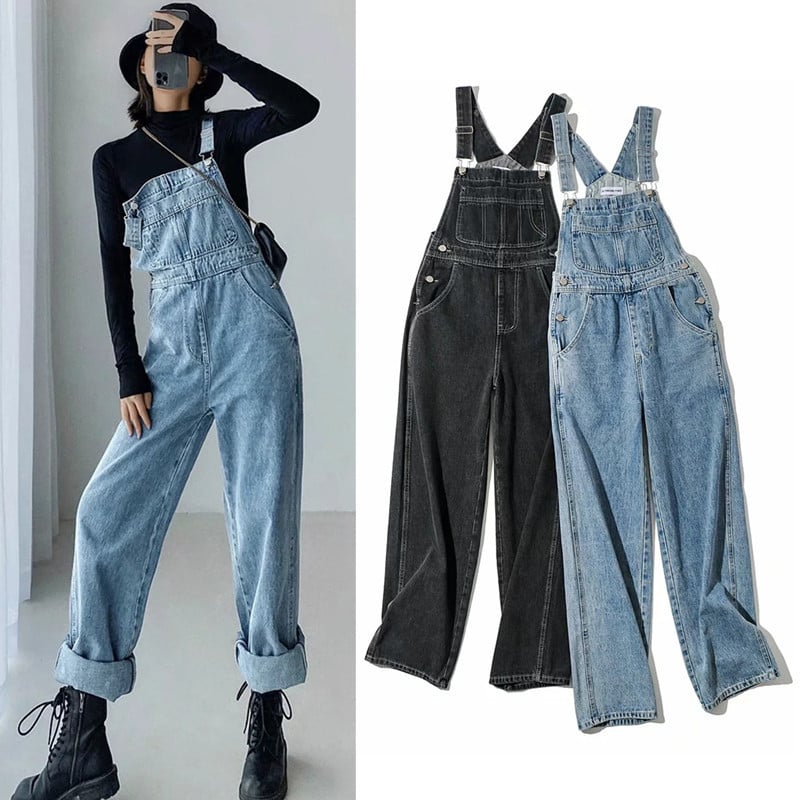 Loose Straight Retro Denim Overalls Pants - - jeans